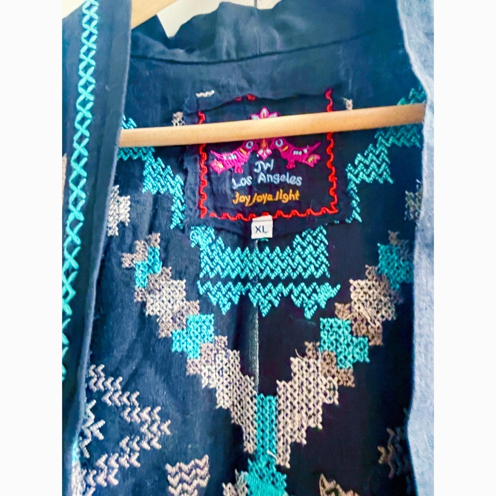 NWOT Johnny Was Linen Embroidered Aztec Kimono Black, Tan & Aqua - Picture 3 of 15